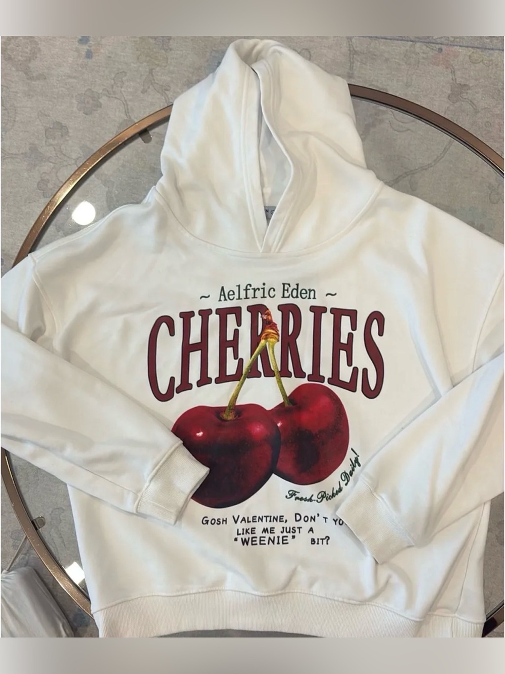 Aelfric Eden White Hoodie with Red Cherry Graphic
